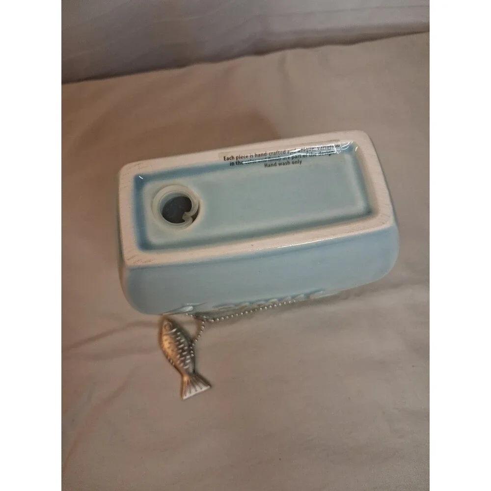 Light Blue Ceramic Toothbrush/Toothpaste Holder, Smile With Fish